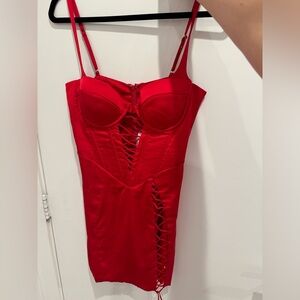 Red Strappy Dress with Lace-Up Detail